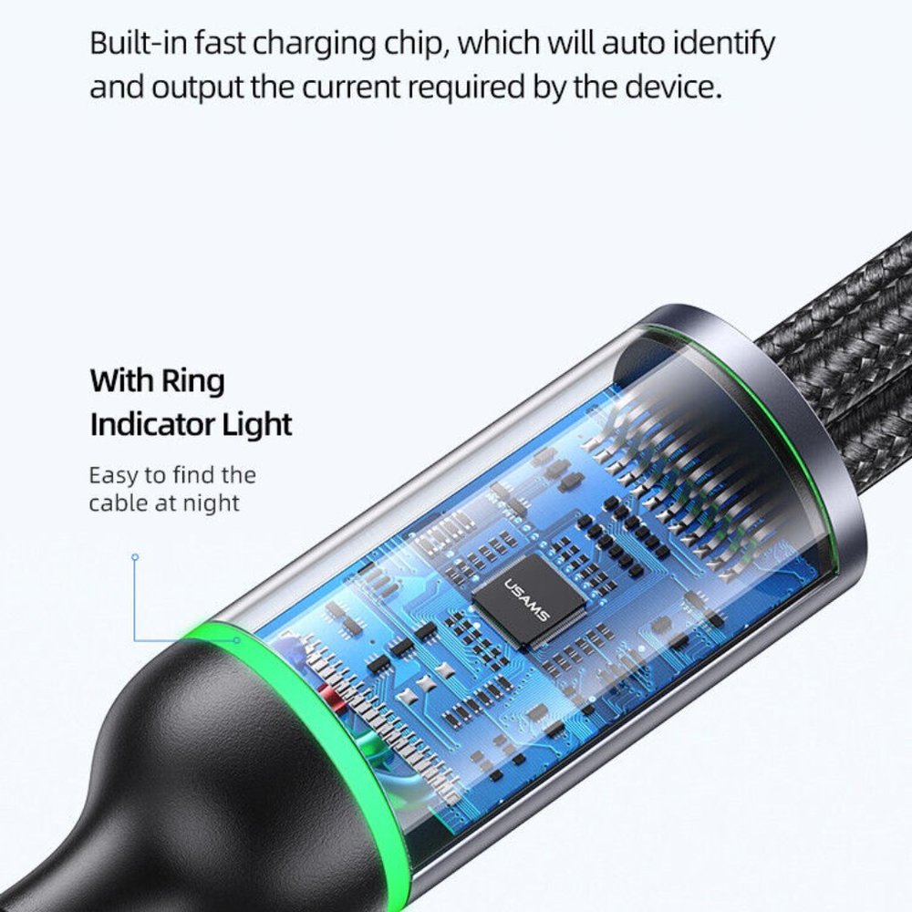 USAMS Fast Charging Cable US-SJ561 U80 3IN1 Right-angle 66W 1.2m - Picture 6 of 8